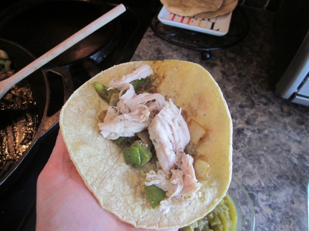 Place meat and vegetables on the tortilla and fold one side over the other into a tube shape